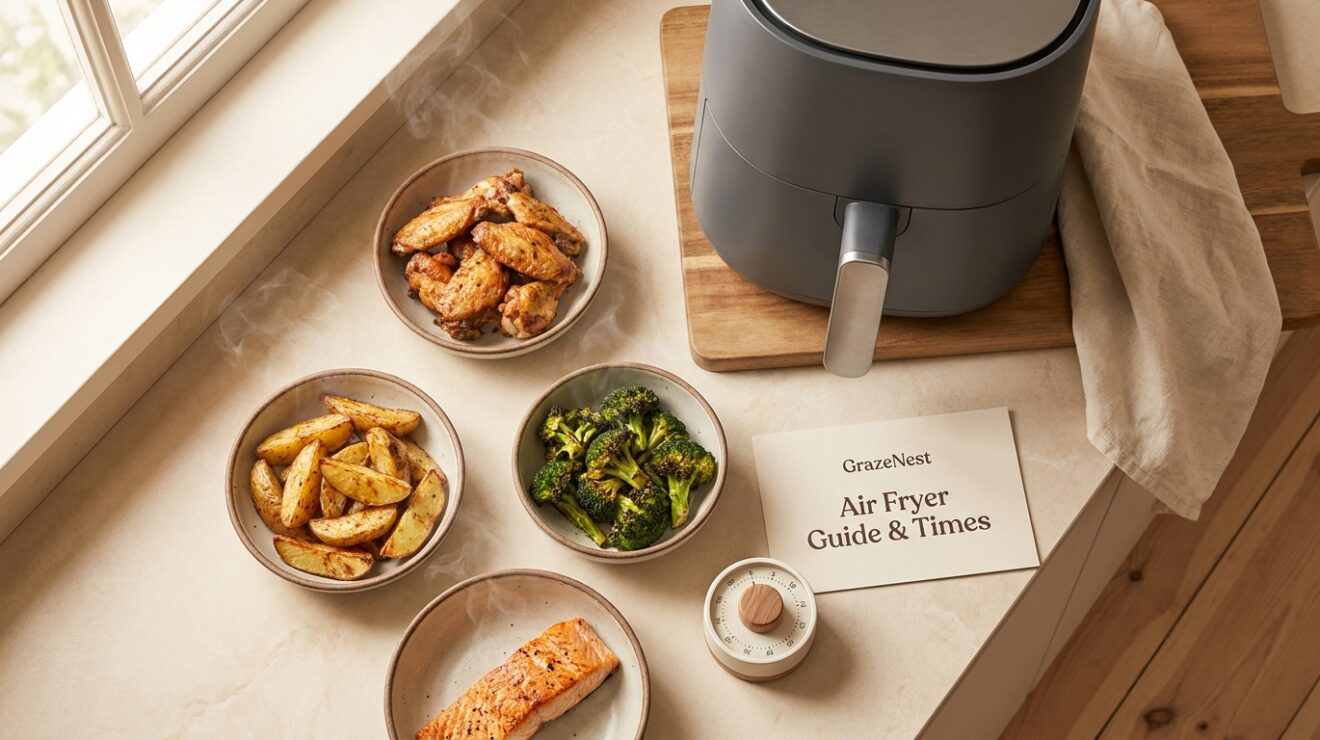 Air fryer cooking times cheat sheet beside bowls of golden everyday foods