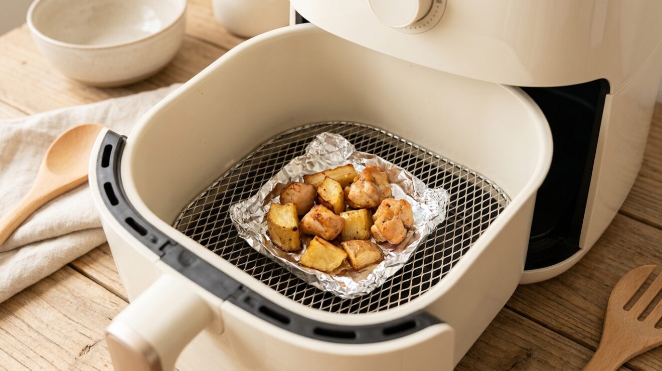 Foil in an air fryer basket, weighed down with golden food