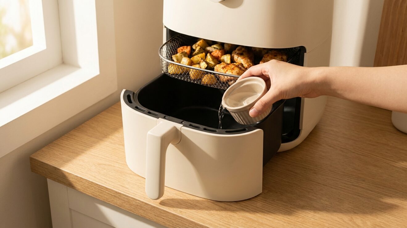 Stopping an air fryer smoking by adding water to the drawer below the basket