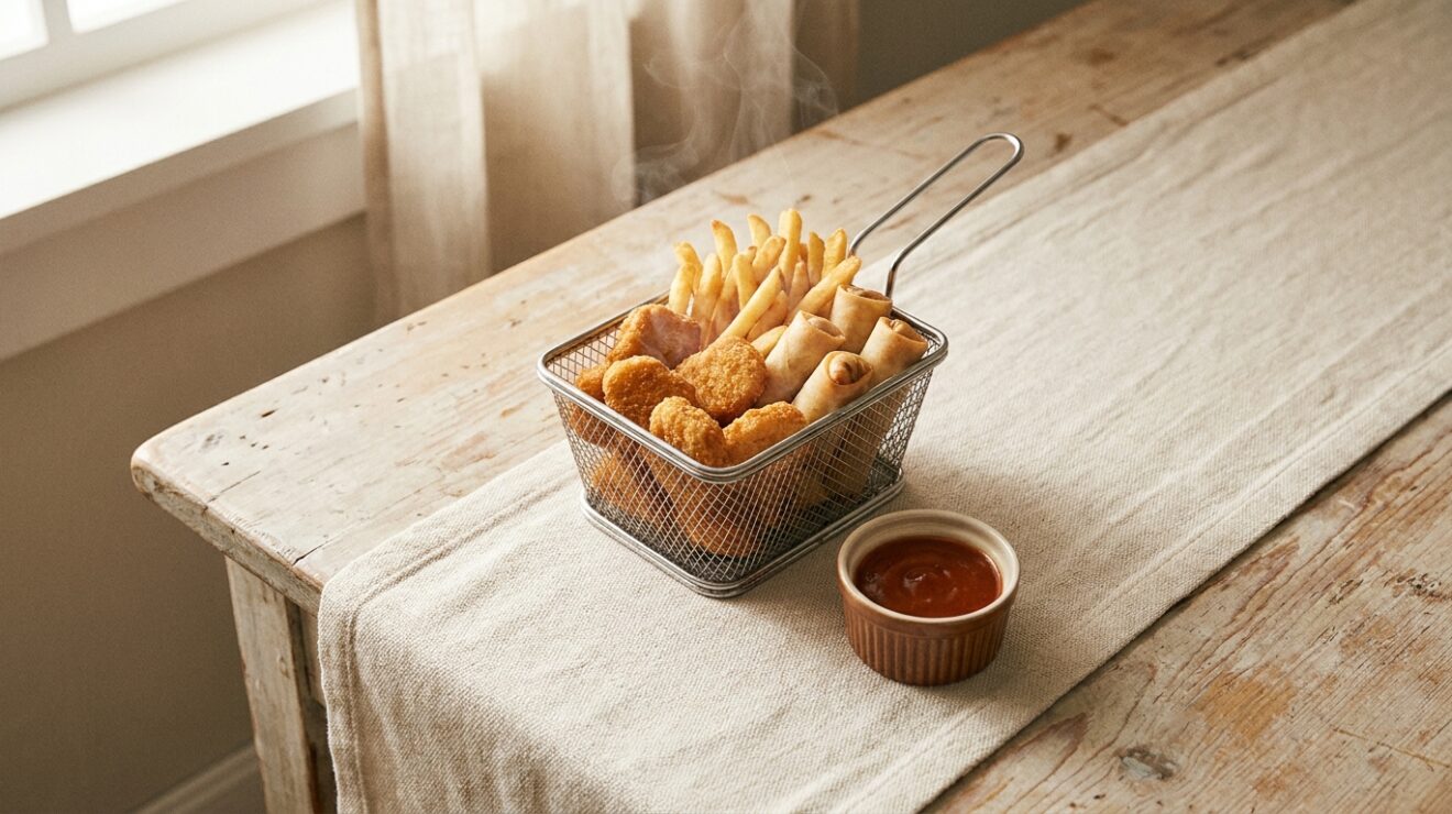 Frozen food in an air fryer: a basket of golden fries, nuggets and spring rolls