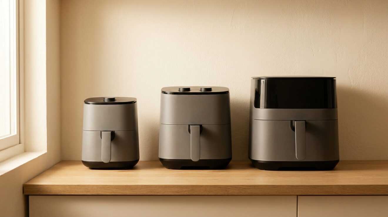 Air fryer size comparison: several air fryers lined up by capacity