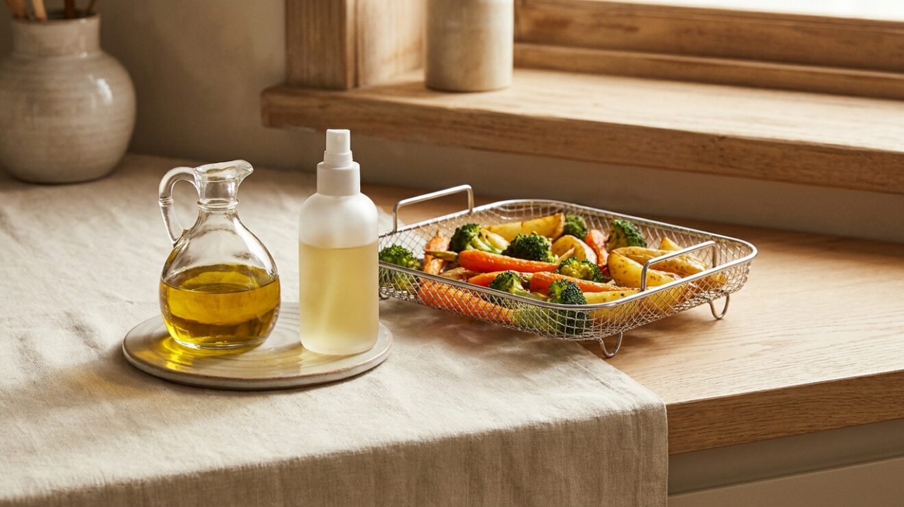 Best oil for air fryer: a cruet of oil and a mister beside an air fryer basket