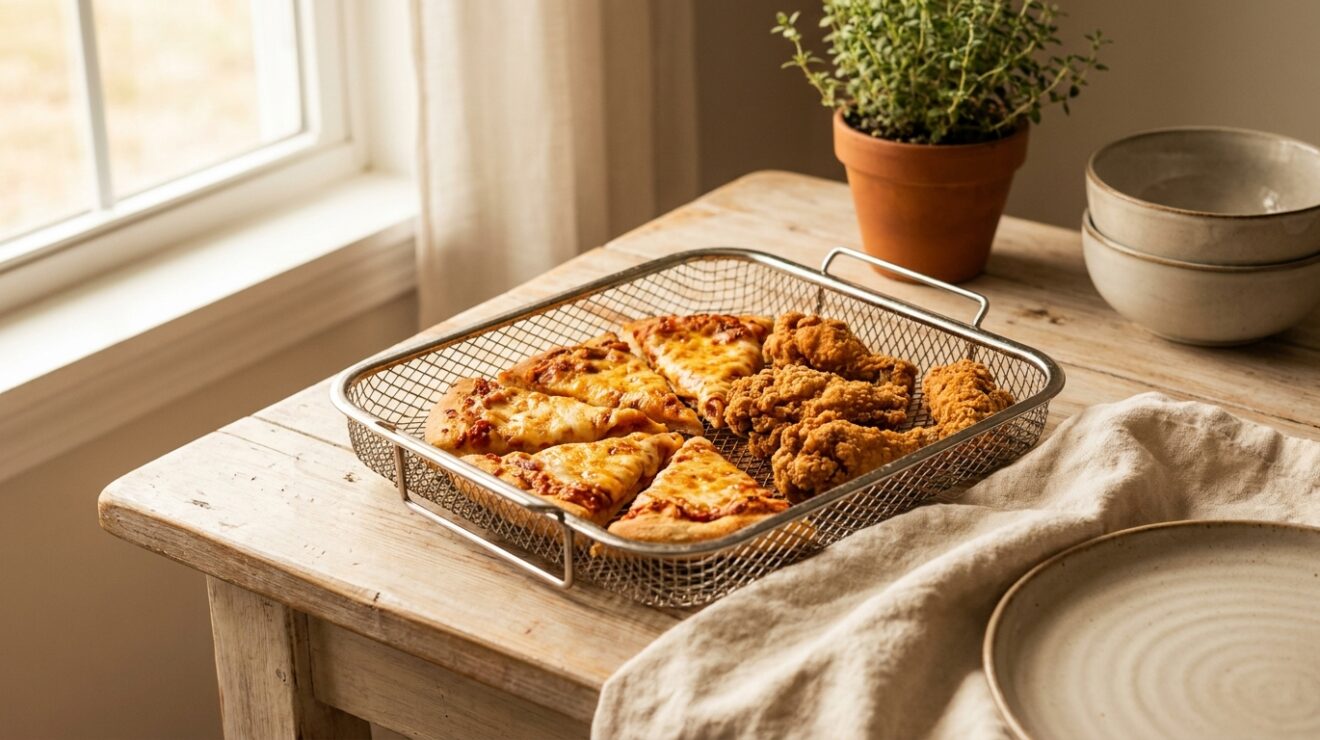 Reheat leftovers in an air fryer: a basket crisping leftover pizza and fried chicken