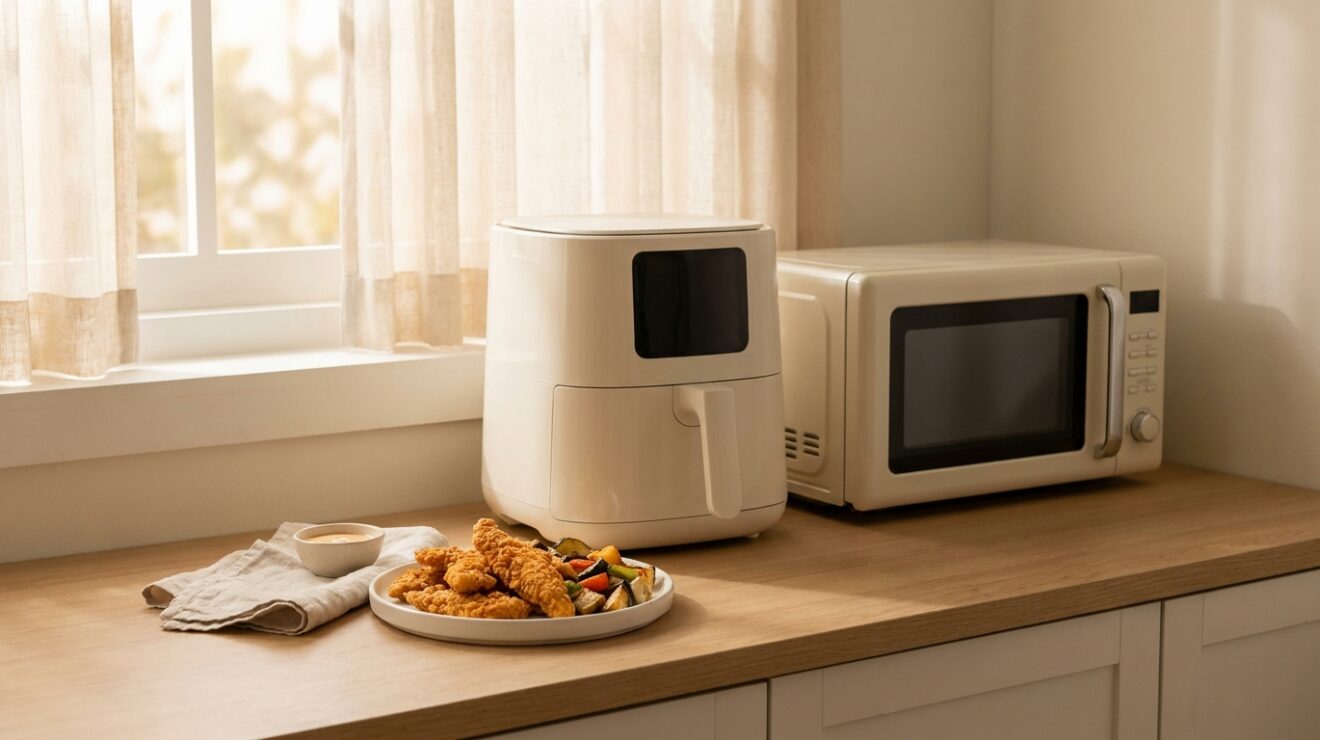 Air fryer vs microwave side by side with a plate of crispy golden food