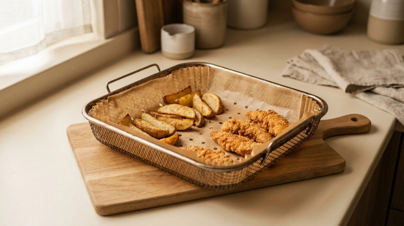 Parchment paper in an air fryer basket, perforated, holding golden food
