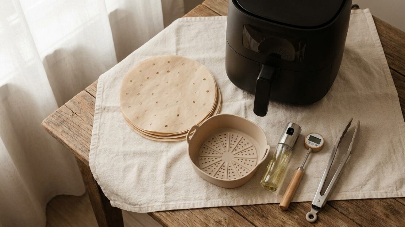 Air fryer accessories worth buying: parchment, silicone liner, oil mister, thermometer and tongs