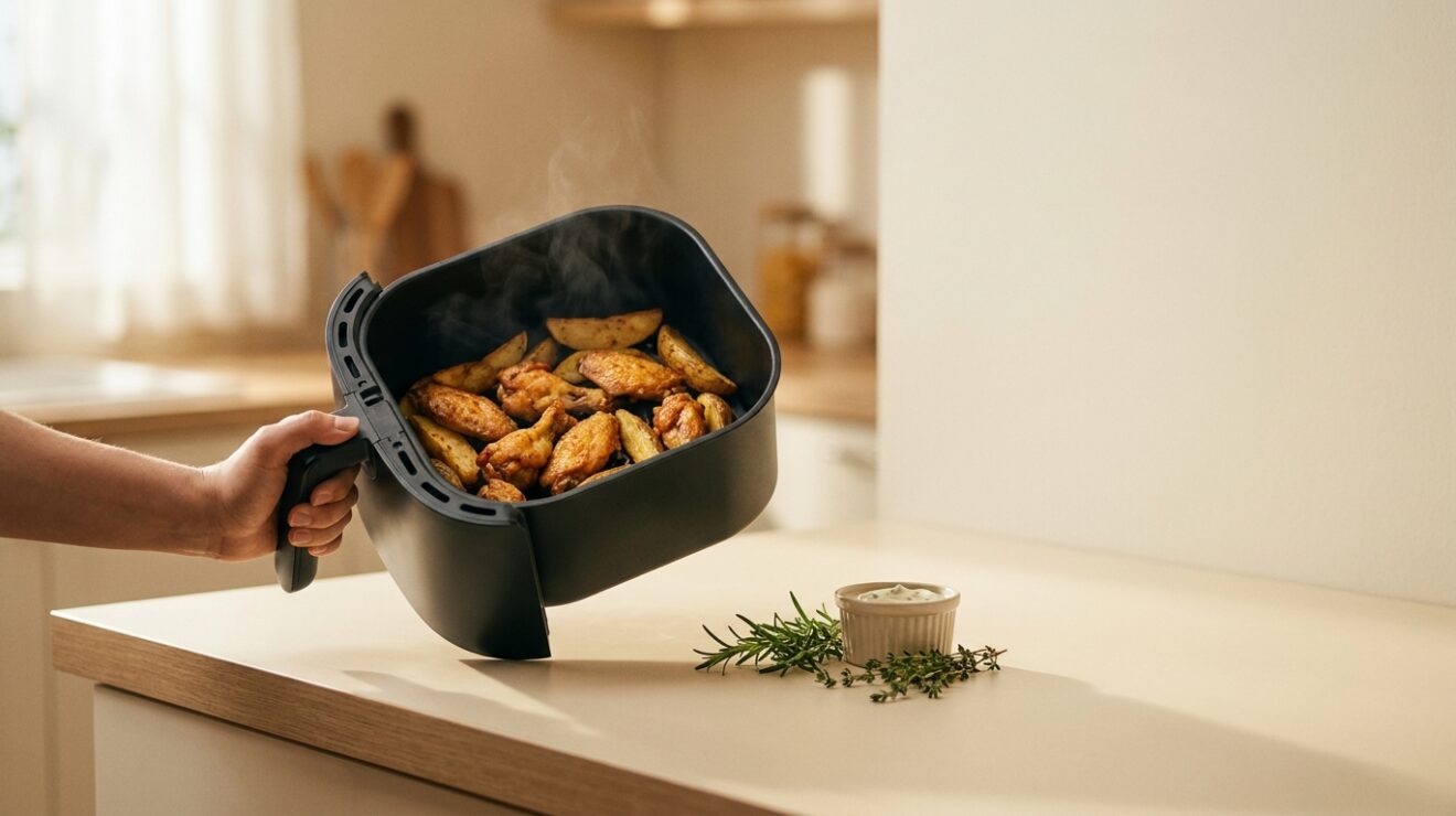 Air fryer mistakes: a hand shaking a basket of golden crispy wings and potato wedges