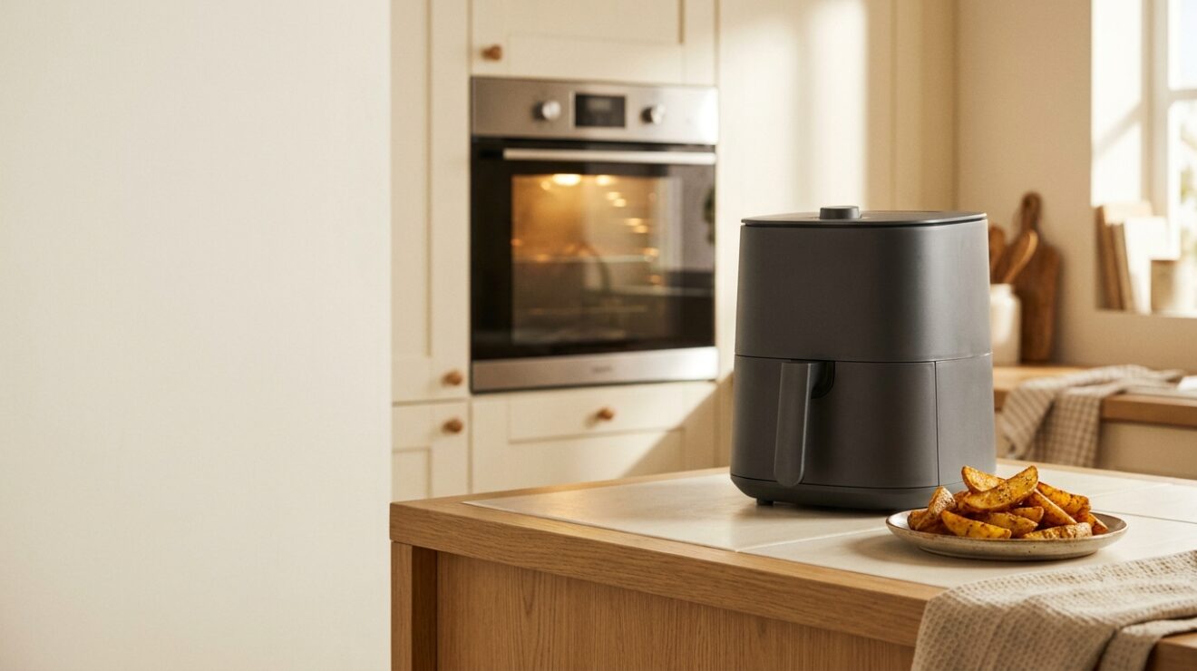 Air fryer vs oven: an air fryer on a counter with a glowing wall oven behind it