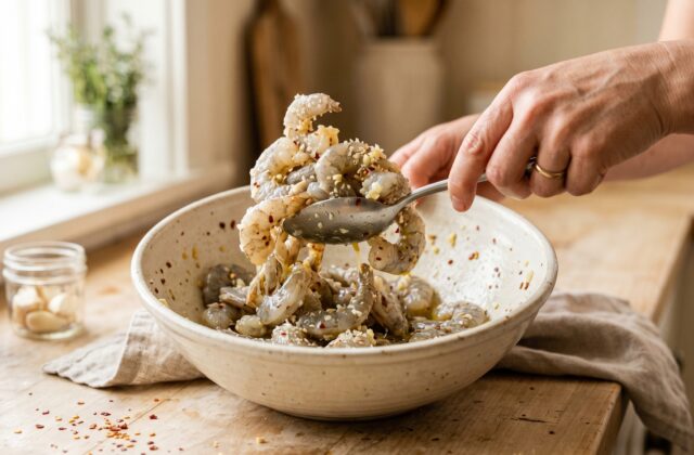 Air Fryer Garlic Parmesan Shrimp — Season the shrimp