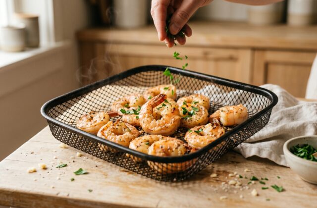 Air Fryer Garlic Parmesan Shrimp — Garnish and serve