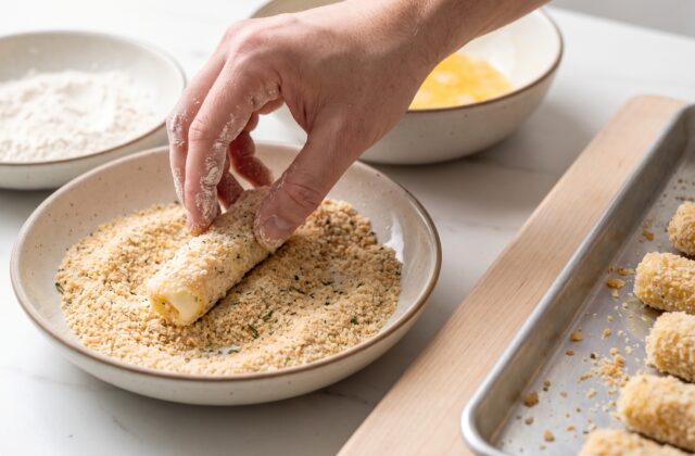 Air Fryer Mozzarella Sticks — Bread the cheese sticks