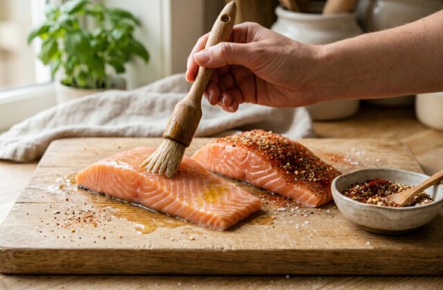 Crispy Air Fryer Salmon — Dry and oil the salmon
