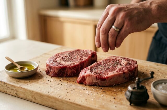 Air Fryer Steak with Garlic Butter — Oil and season